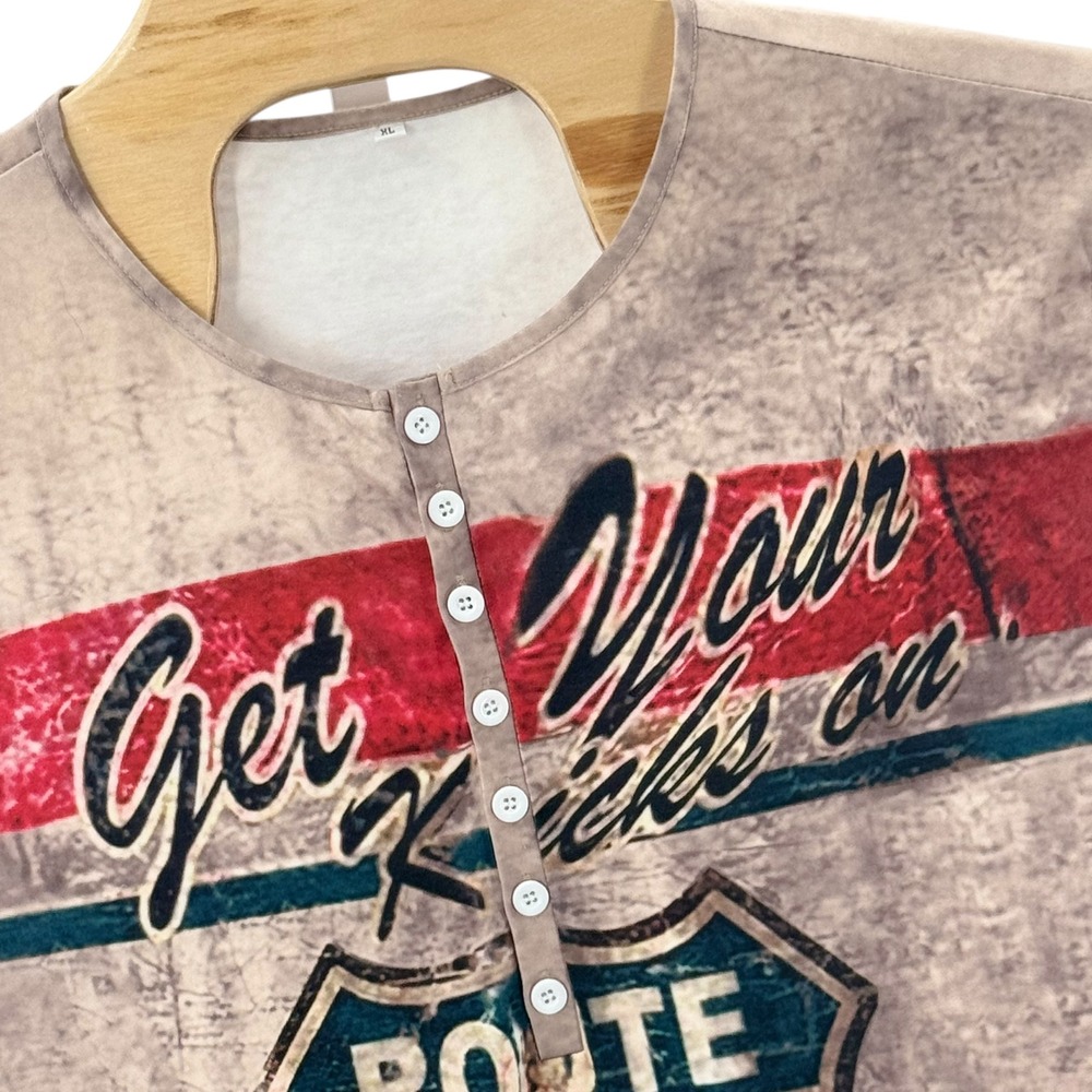 Route 66 Graphic T Shirt Long Sleeve Henley Get Your Kicks On XL VTG Vibes Retro